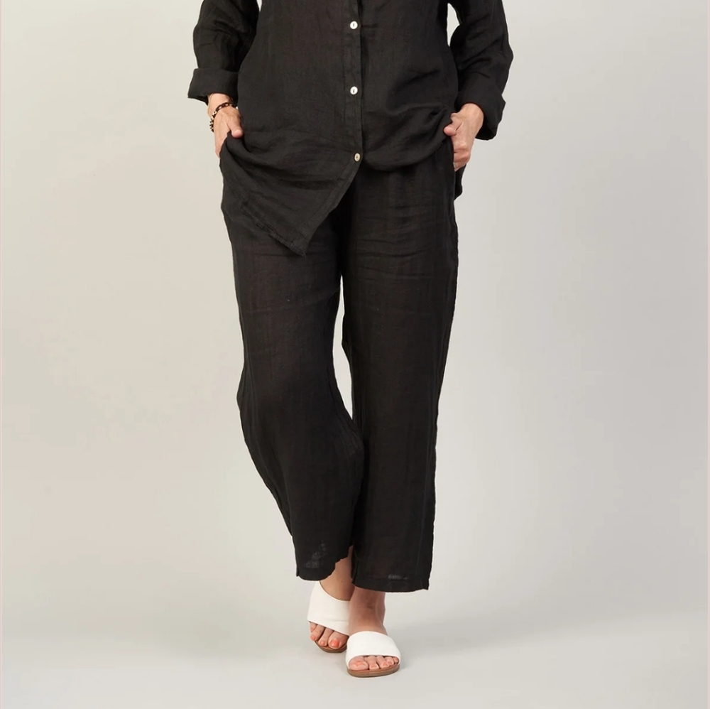 Lemonwood Sultana Black Cropped Flowy Wide Leg Linen Pants